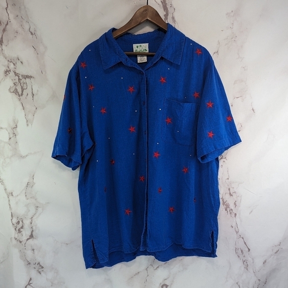 Quacker Factory Shirt Women 1X Linen Button 4th July Star Flag Short Sleeve - Picture 1 of 13